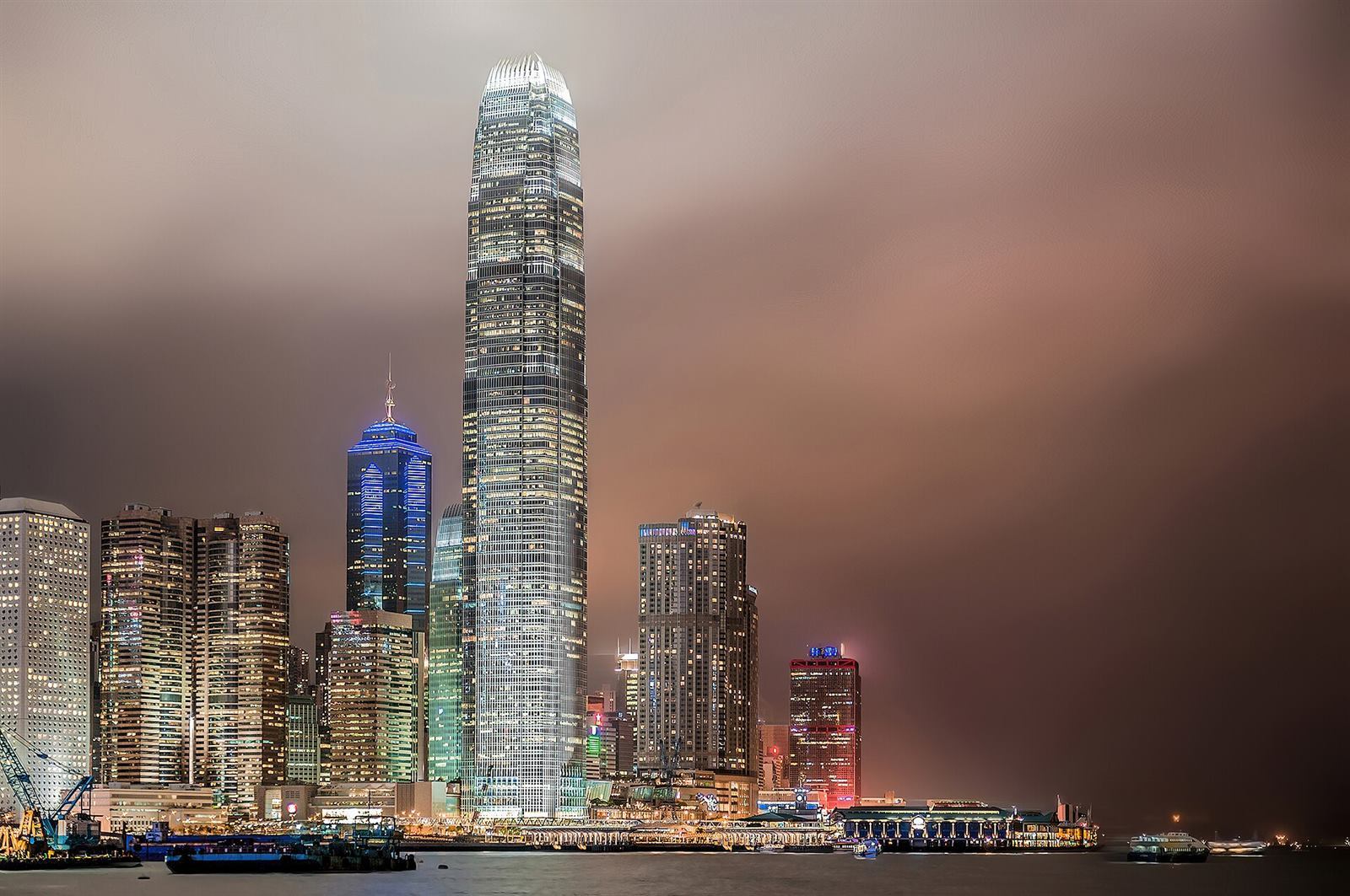 Hong Kong skyscrapers in a night of typhoon